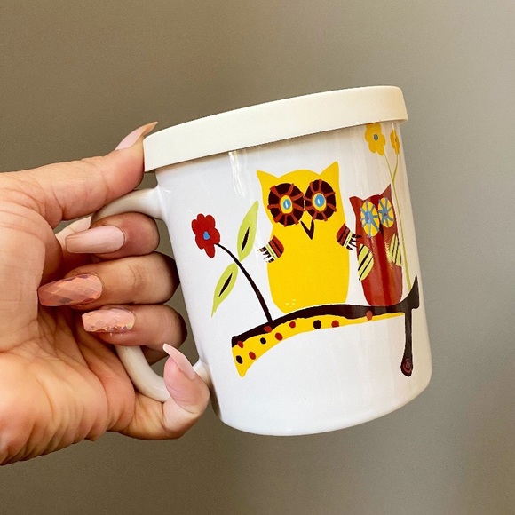 Large Retro Owl Coffee Mug with Rubber Lid/Coaster, Retro Vintage Owl Kitchen - Picture 2 of 7